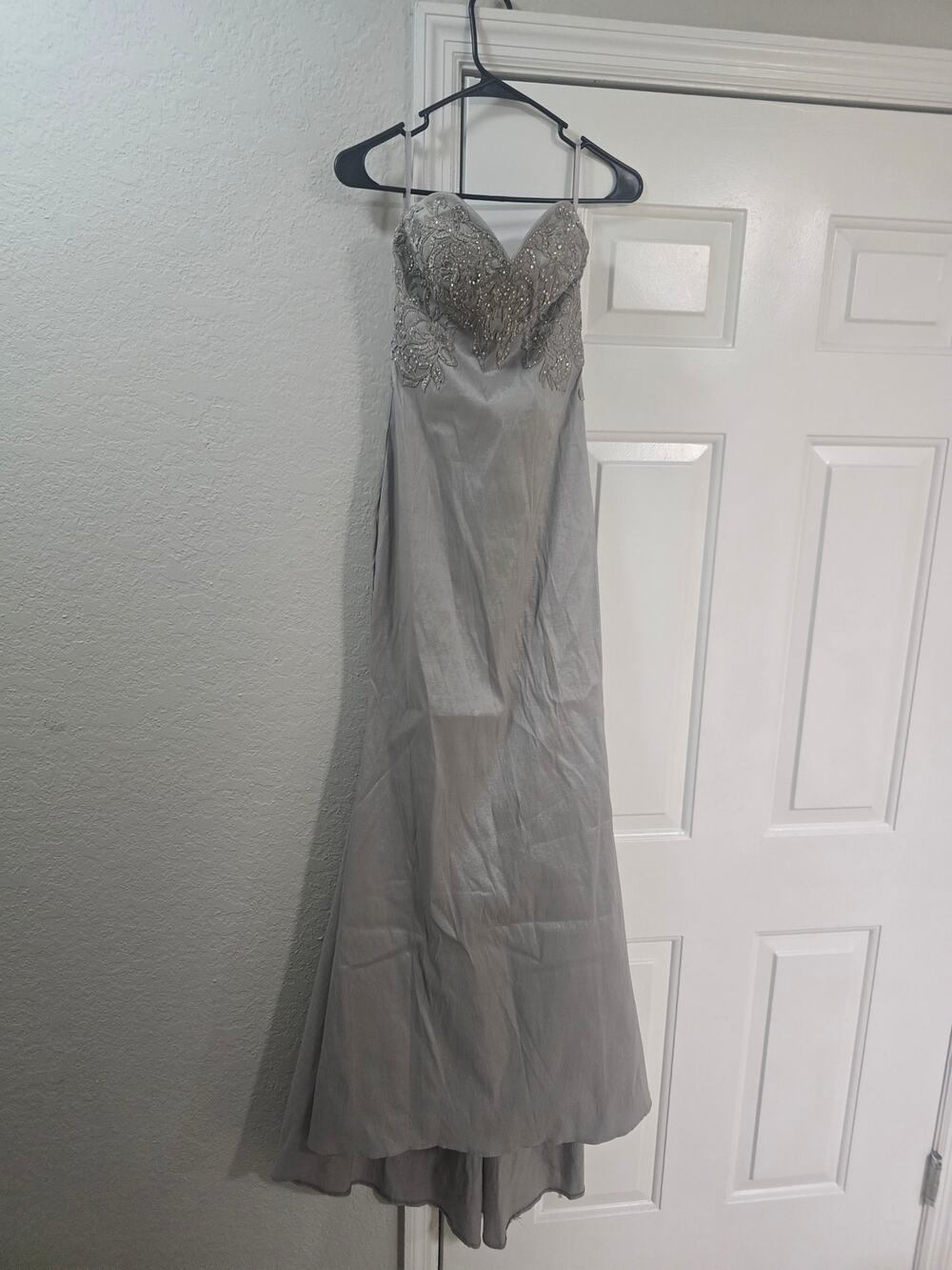 Silver Gray Mermaid Prom Dress 3/4 Strapless Rhinestone Lace Formal Gown